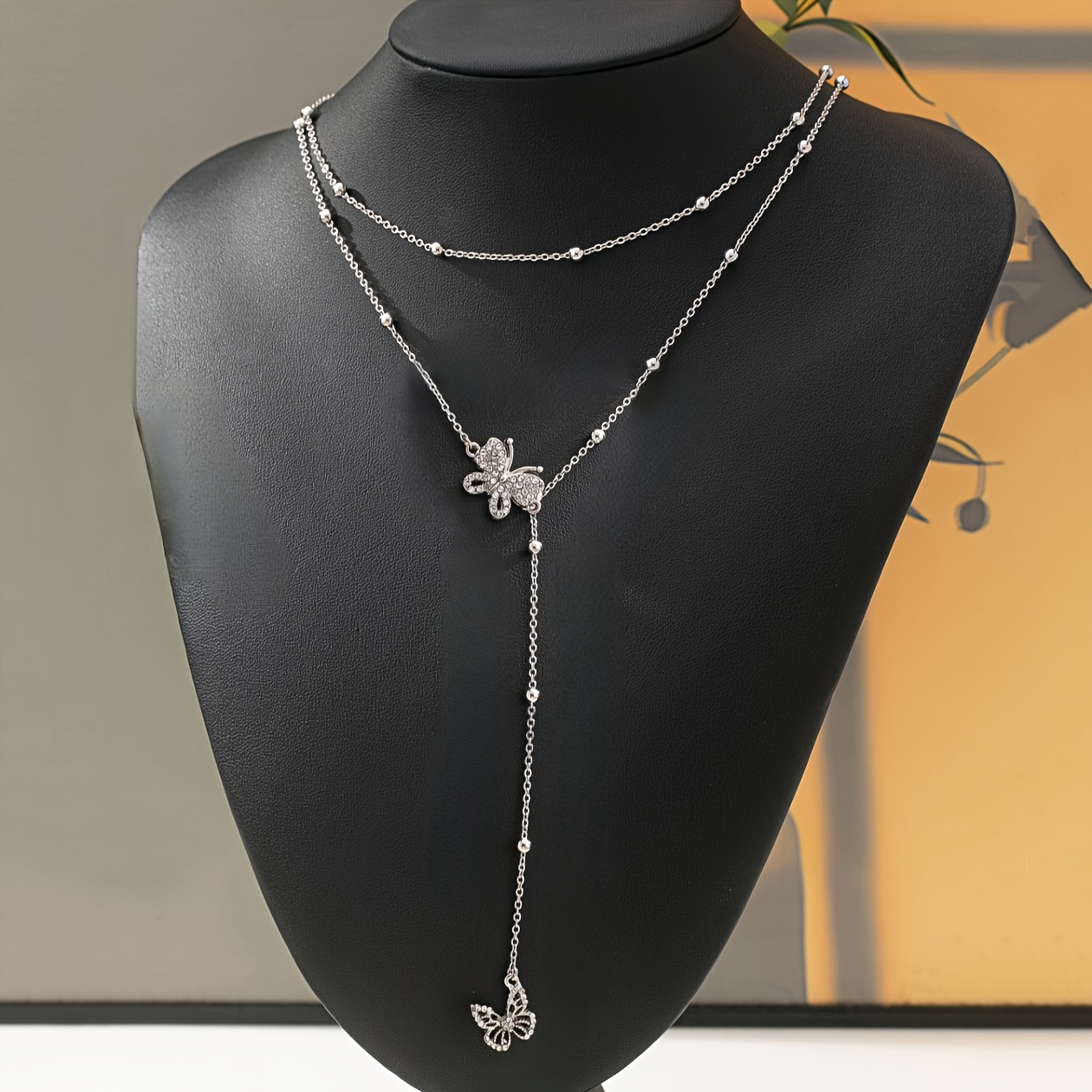 Women's Minimalist Double-Layer Beaded Chain Necklace with Butterfly Design